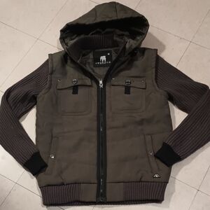 American Stitch Olive and Brown Hooded Puffer Jacket Men's Size M Secret Pocket